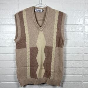 Vintage Cashmere Vest Mens 38 Beige Argyle Knit V-Neck Old Money Aesthetic 90s